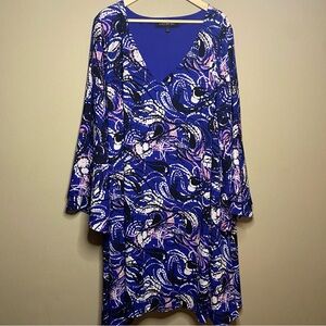 Lane Bryant Outlet Shift Dress Size 26 Blue Pink Print Long Flare Sleeve Church
